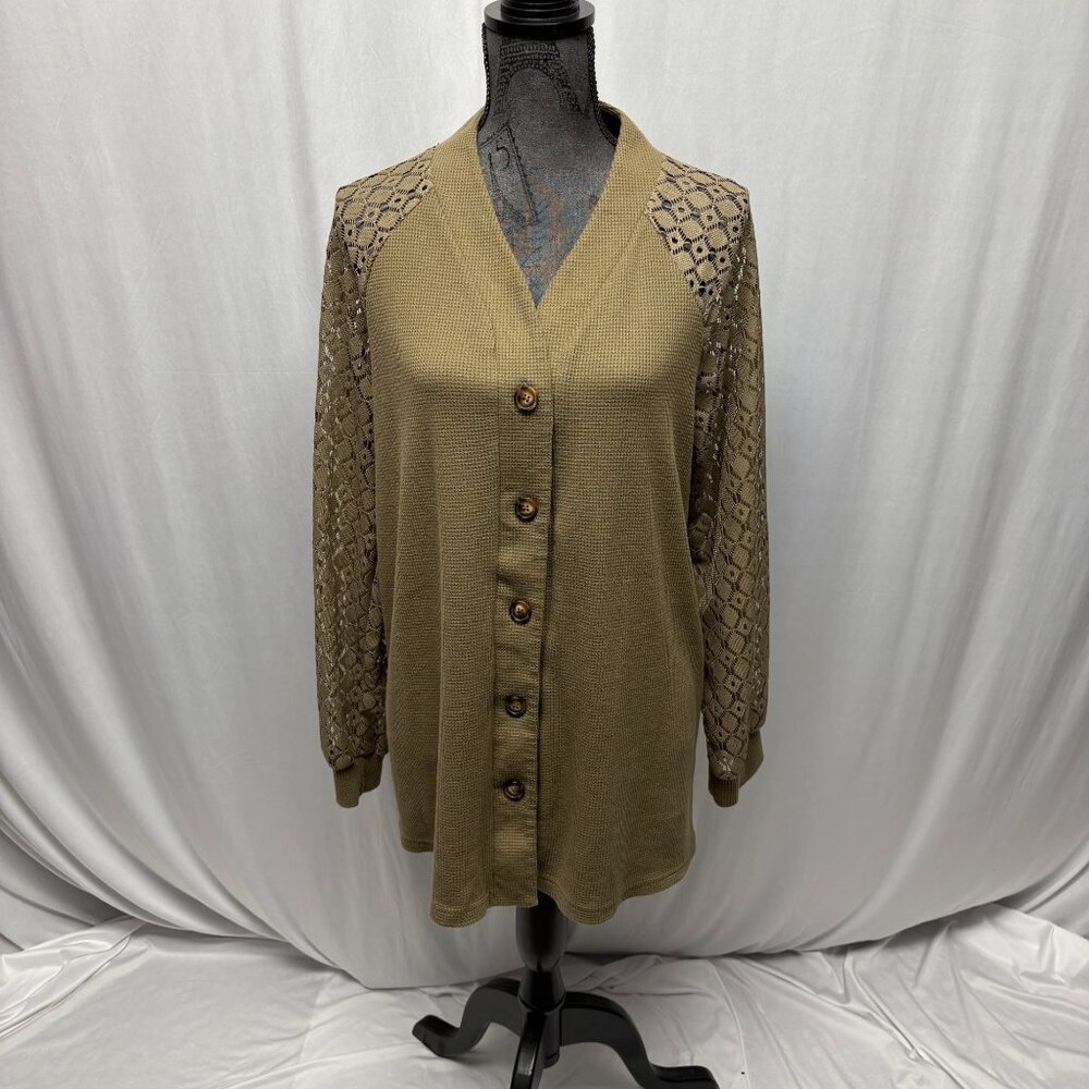 Khaki Waffle Knit Long Sleeve Cardigan Womens Sz Large Lace Sleeves Button-Down